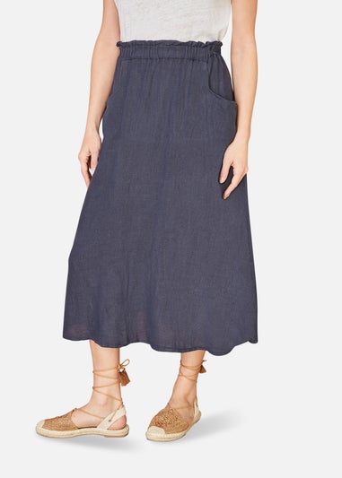 Yumi Navy Italian Linen Midi Skirt With Pockets