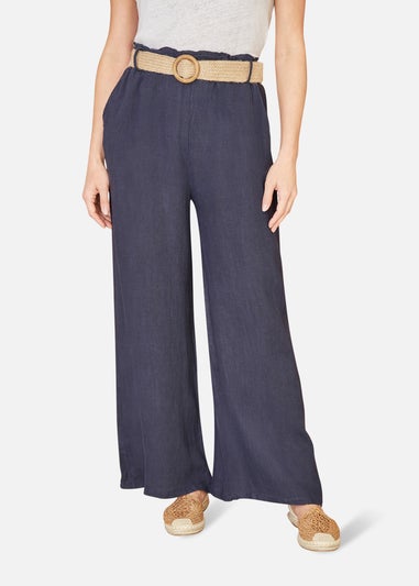 Yumi Navy Italian Linen Wide Leg Trousers With Belt