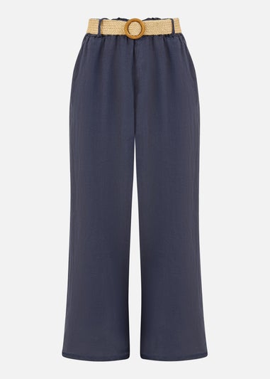 Yumi Navy Italian Linen Wide Leg Trousers With Belt