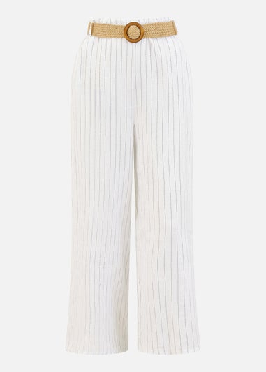 Yumi White Striped Italian Linen Wide Leg Trousers With Belt