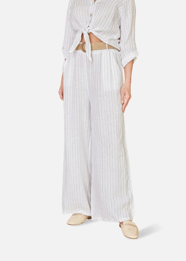 Yumi White Striped Italian Linen Wide Leg Trousers With Belt