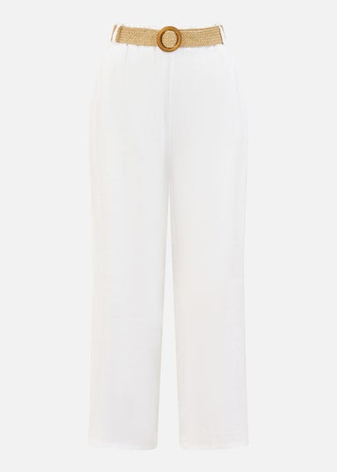 Yumi White Italian Linen Wide Leg Trousers With Belt