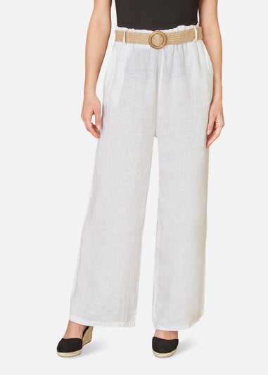 Yumi White Italian Linen Wide Leg Trousers With Belt