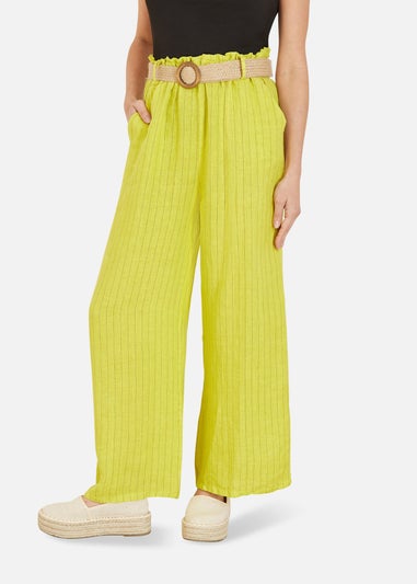 Yumi Lime Striped Italian Linen Wide Leg Trousers With Belt