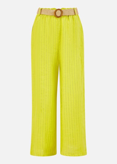 Yumi Lime Striped Italian Linen Wide Leg Trousers With Belt