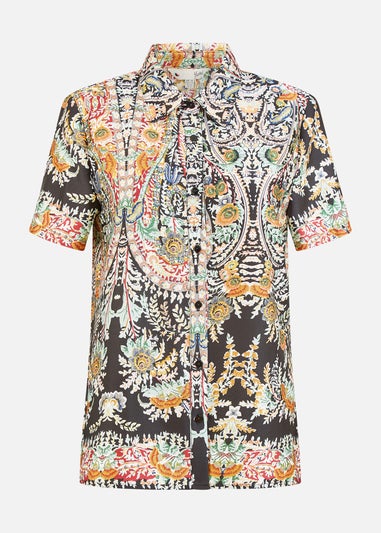 Yumi Black Satin Paisley Print Short Sleeve Shirt