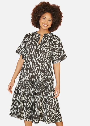 Yumi Black Organic Cotton Animal Print Tiered Tunic Dress