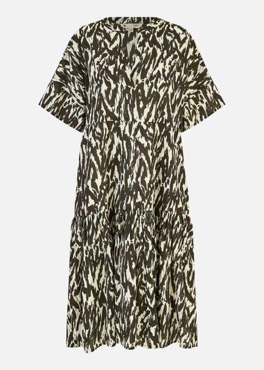 Yumi Black Organic Cotton Animal Print Tiered Tunic Dress