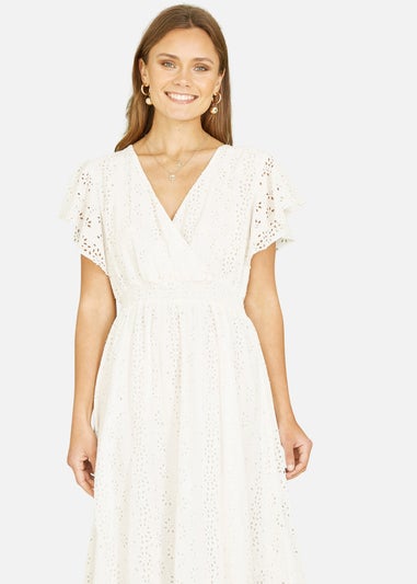 Yumi White Cotton Broderie Anglaise Wrap Midi Dress