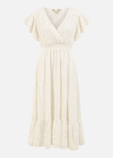 Yumi White Cotton Broderie Anglaise Wrap Midi Dress