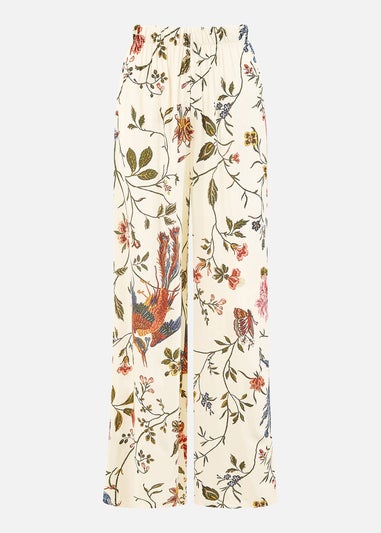 Yumi White Viscose Bird And Floral Print Wide Leg Trousers