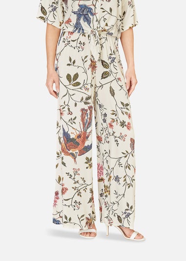 Yumi White Viscose Bird And Floral Print Wide Leg Trousers