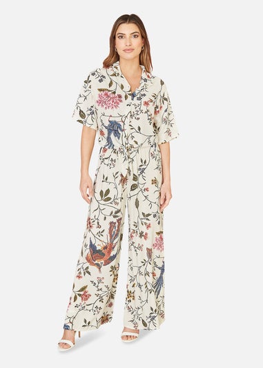 Yumi White Viscose Bird And Floral Print Wide Leg Trousers