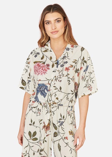 Yumi White Viscose Bird And Floral Print Tie Front Shirt