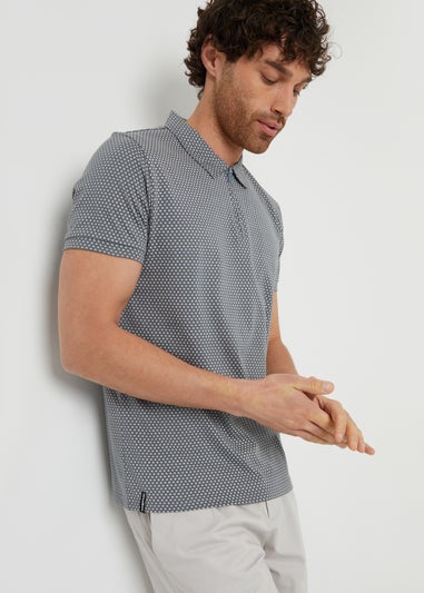 Threadbare Dark Grey Dion Geometric Print Zip Collar Jersey Polo Shirt