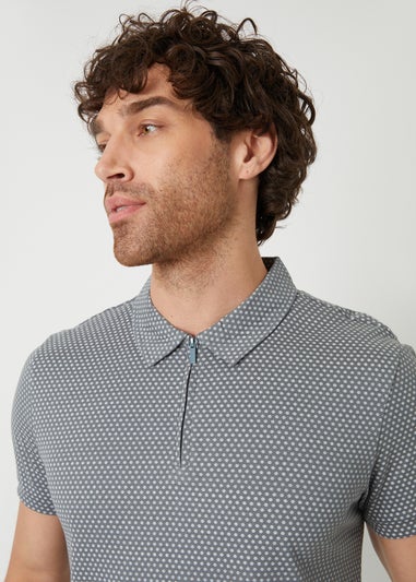 Threadbare Dark Grey Dion Geometric Print Zip Collar Jersey Polo Shirt