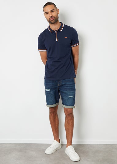 Threadbare Navy Contrast Tipping Cotton Jersey Polo Shirt