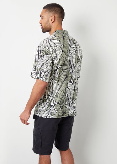 Threadbare Black Retro Tropical Leaf Print Revere Collar Shirt