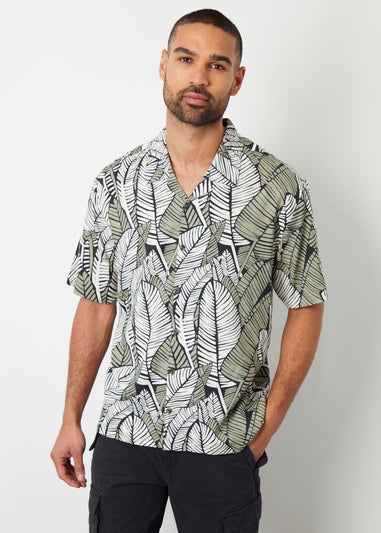 Threadbare Black Retro Tropical Leaf Print Revere Collar Shirt