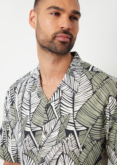 Threadbare Black Retro Tropical Leaf Print Revere Collar Shirt