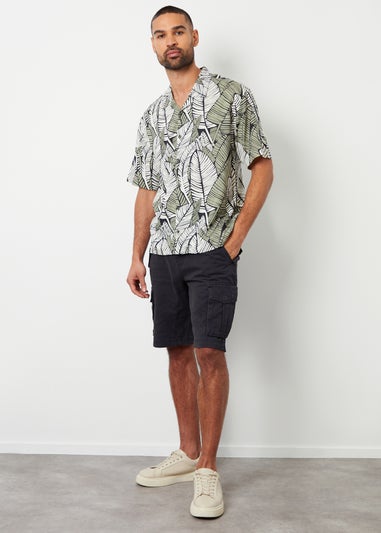 Threadbare Black Retro Tropical Leaf Print Revere Collar Shirt