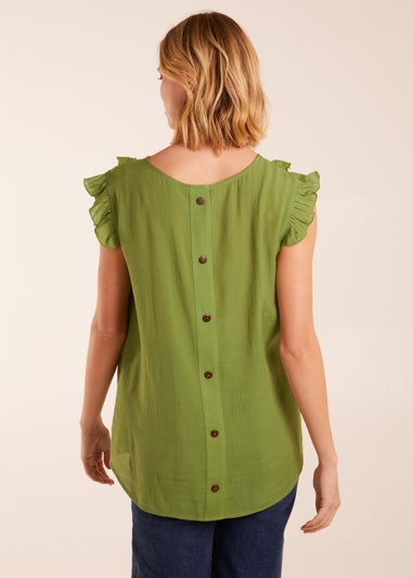 Blue Vanilla Green Button Back Frill Top