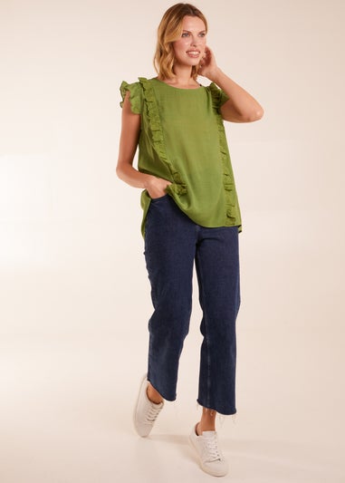 Blue Vanilla Green Button Back Frill Top