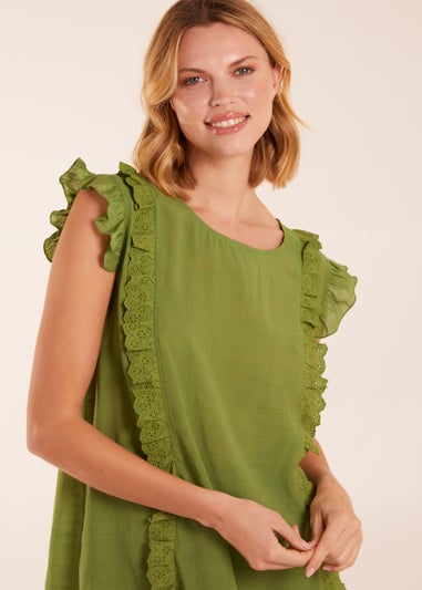 Blue Vanilla Green Button Back Frill Top