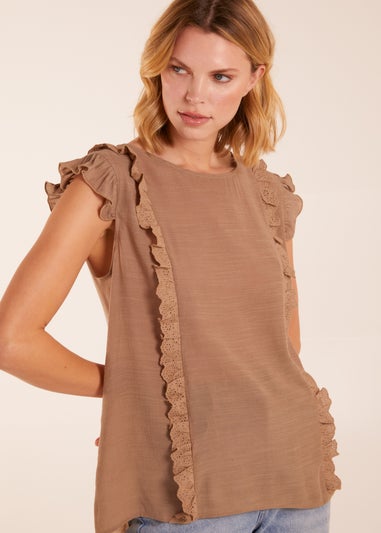 Blue Vanilla Brown Button Back Frill Top