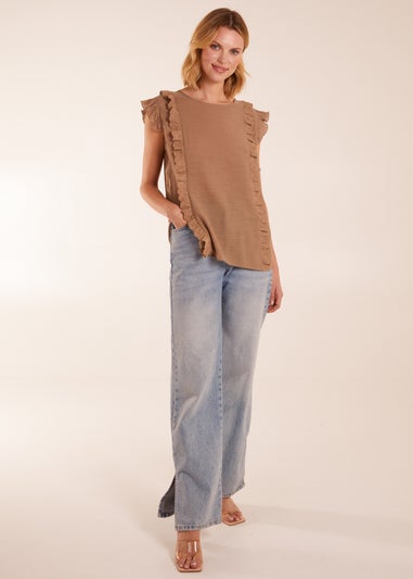 Blue Vanilla Brown Button Back Frill Top