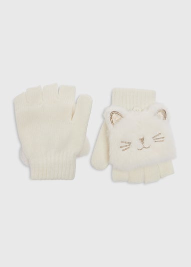 Girls Cream Cat Faux Fur Mittens