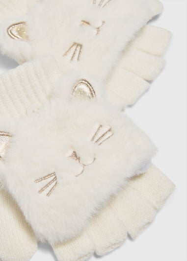 Girls Cream Cat Faux Fur Mittens