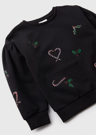 Joyful Girls Black Christmas Bling Sweatshirt (7-15yrs)