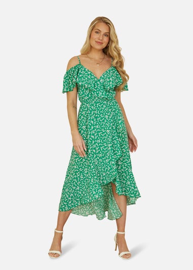 Mela Green Ditsy Print Bardot Midi Dress With Dip Hem