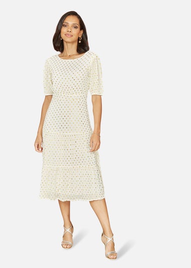 Mela Ivory Gold Foil Spot Midi Dress With Scoop Back