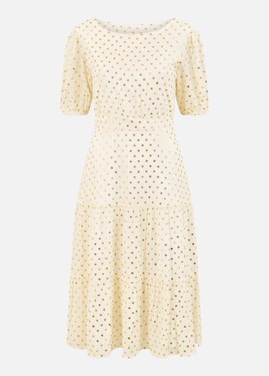 Mela Ivory Gold Foil Spot Midi Dress With Scoop Back