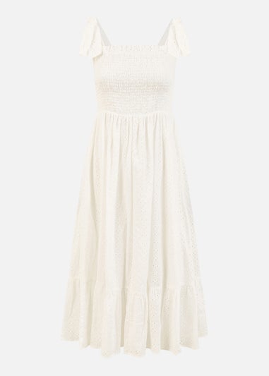 Mela White Broderie Anglaise Ruched Midi Sundress With Tie Sleeves