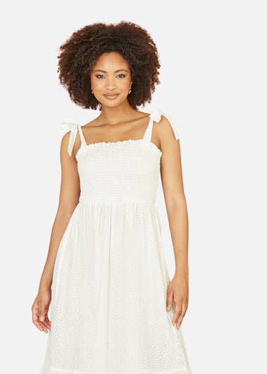 Mela White Broderie Anglaise Ruched Midi Sundress With Tie Sleeves