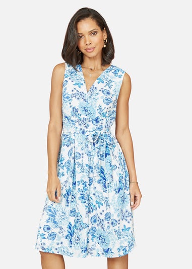 Mela Floral Wrap Over Skater Dress In Blue