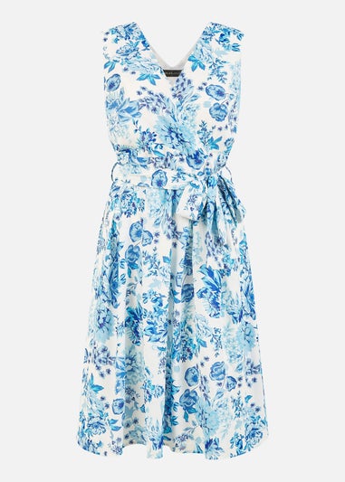 Mela Floral Wrap Over Skater Dress In Blue