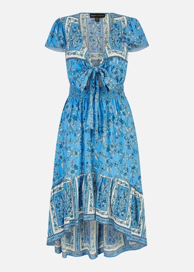 Mela Blue Ditsy Print Sun Dress With Cross Over Back Tie Front And Dip Hem