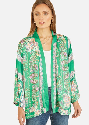 Mela Green Paisley Print Satin Kimono