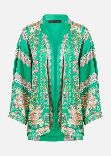 Mela Green Paisley Print Satin Kimono