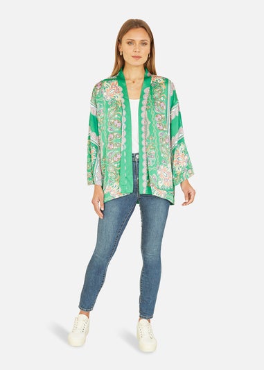 Mela Green Paisley Print Satin Kimono