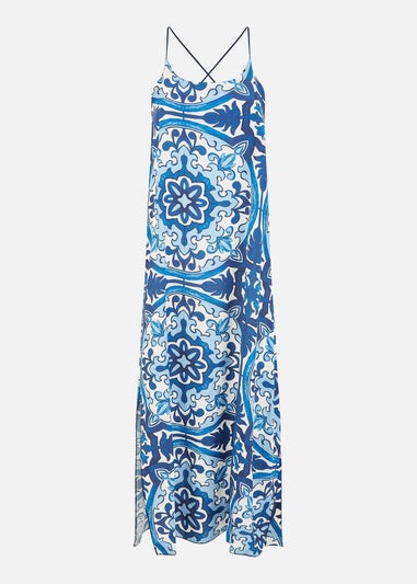 Mela Blue Tile Print Maxi Dress With Side Split Hem