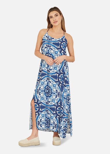 Mela Blue Tile Print Maxi Dress With Side Split Hem