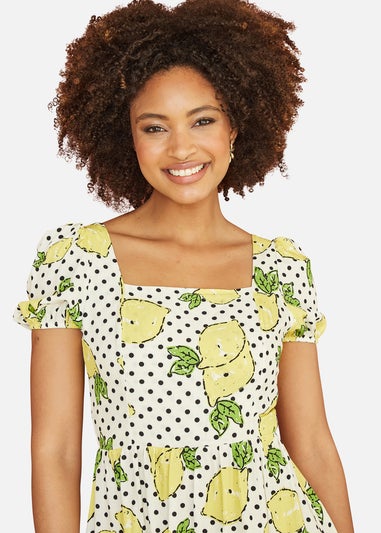 Mela White Viscose Lemon Print Skater Dress With Balloon Sleeves