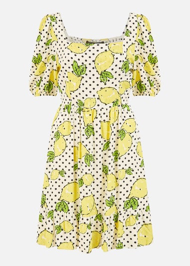 Mela White Viscose Lemon Print Skater Dress With Balloon Sleeves