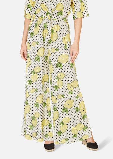 Mela White Viscose Lemon Print Relaxed Fit Trousers