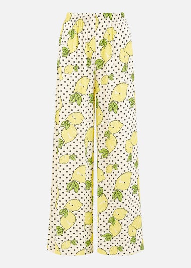 Mela White Viscose Lemon Print Relaxed Fit Trousers